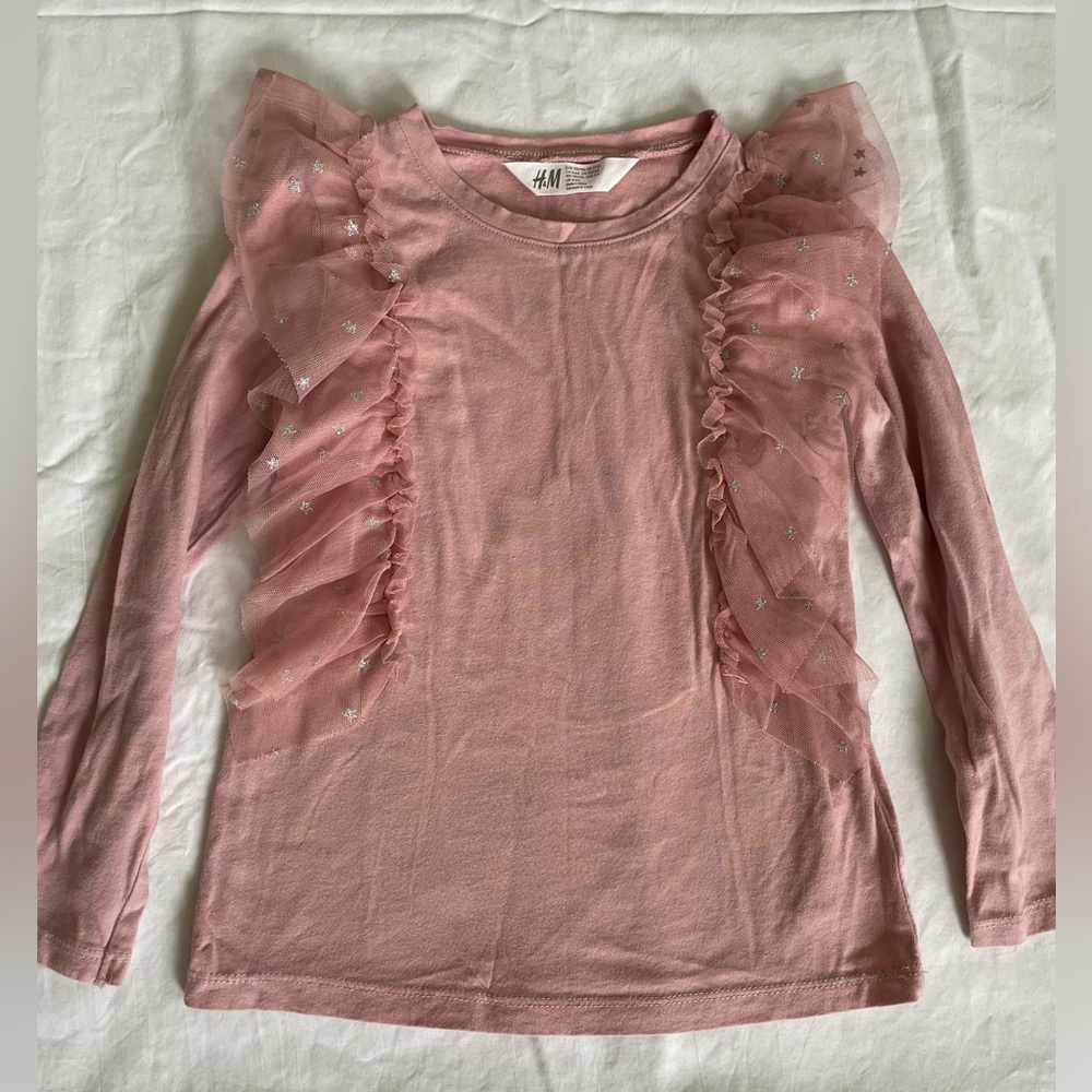 H&M Girls 5T-6 Long sleeve Rose Pink Flutter and Stars shirt